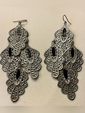 Silver Tone  Filigree Teardrop Dangle Earrings with Black Accents
